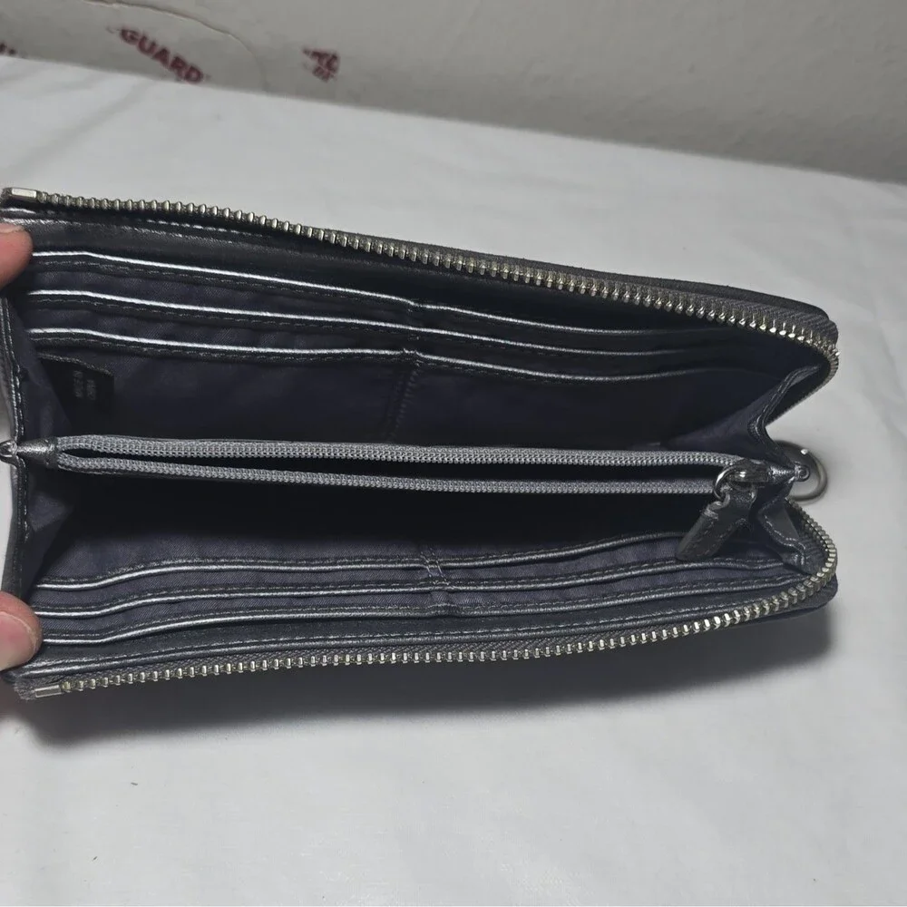 Coach Poppy Gray Black Signature Canvas Long Zip Around Accordion Wallet Y2K